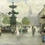 Stork Fountain in a busy city square with a dark basin and three bird figures around the central column.