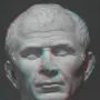 Classical marble bust of Julius Caesar with a red-cyan anaglyph effect against a dark gray background.