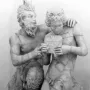 Pan and Daphne marble sculpture showing a bearded, horned figure embracing a nude youth holding a small musical instrument.