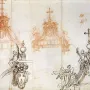 Sketches of ornate canopy designs for St. Peter\'s Baldachin with crosses, drapery, cherubs, and winged figures.