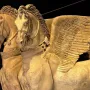 Detail of the Winged Horses of Tarquinia showing two winged horse heads and upper bodies in relief.
