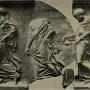 Fragmented relief sculpture of three draped female figures walking left, with the central figure headless.