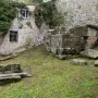 Etruscan tombs made of grey stone in a grassy outdoor area, with a vine-covered building and stone wall nearby.