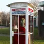 A Stalin bust displayed inside a glass emergency box on a grassy lawn, with a small lamp and fish in front.