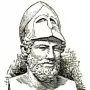 Bust of Pericles wearing a Corinthian helmet pushed back from his face.