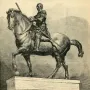 Engraving of Donatello’s Gattamelata, showing an armored rider on horseback atop a tiered pedestal.