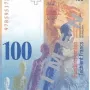 Translucent Walking Man I figures layered across a 100 Swiss franc banknote in blue, purple, and green tones.