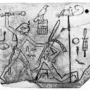 MacGregor plaque showing an ancient Egyptian relief of a standing figure raising a mace over a kneeling figure, with hieroglyphs and symbols around them.