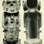 A standing wooden A\'a figure covered with many small carved humanoid figures, with a hollow cavity visible down the back.