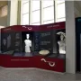 Two Giants of Mont\'e Prama statues displayed in a red and black exhibition stand.
