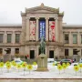 Appeal to the Great Spirit statue in front of the Museum of Fine Arts Boston on a snowy day