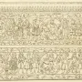 Decorative linear illustration with two horizontal friezes from the Baptistery of Saint Louis, filled with mounted hunters, standing figures, and animal and heraldic motifs.