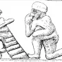 Detail of the Worshipper of Larsa showing a seated, turbaned figure with outstretched hands facing a kneeling figure with raised hands.