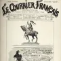 Black and white illustration of Joan of Arc on horseback holding a tall banner staff, with the statue on a pedestal.