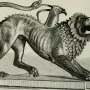 The Chimera of Arezzo, a bronze sculpture of a lion with a goat’s head on its back and a serpent tail, shown in a lunging pose.