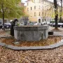 Saint Francis Fountain beside a basin covered with fallen autumn leaves, with a robed statue holding a red rose.