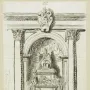 Pen-and-ink drawing of the Tomb of Pope Urban VIII with a seated pope figure, sarcophagus, and reclining allegorical figures beneath an ornate arch