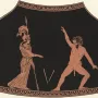 Athena and Marsyas depicted in a red-figure vase painting, with a helmeted woman holding a spear facing a nude bearded man with an animal tail.