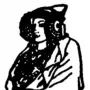 Black and white line drawing of the Lady of Elche bust with an ornate headdress and large ear coverings.