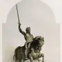Monochrome illustration of the Richard Coeur de Lion equestrian statue, showing a crowned armored rider with a raised sword on a rearing horse.