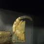 Close-up of the weathered tail section of Gallo di Ramperto, showing green corrosion and traces of a golden finish.