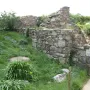 Grassy hillside with wildflowers, weathered stone walls, a wooden fence, and a path on the Irish Hunger Memorial.