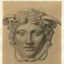 Monochrome drawing of the Medusa Rondanini showing a classical female head with wavy hair, small wings, and snakes in her hair.